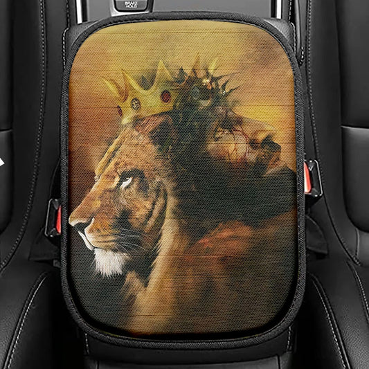 Jesus And King Lion Seat Box Cover, Jesus Car Center Console Cover, Christian Car Interior Accessories