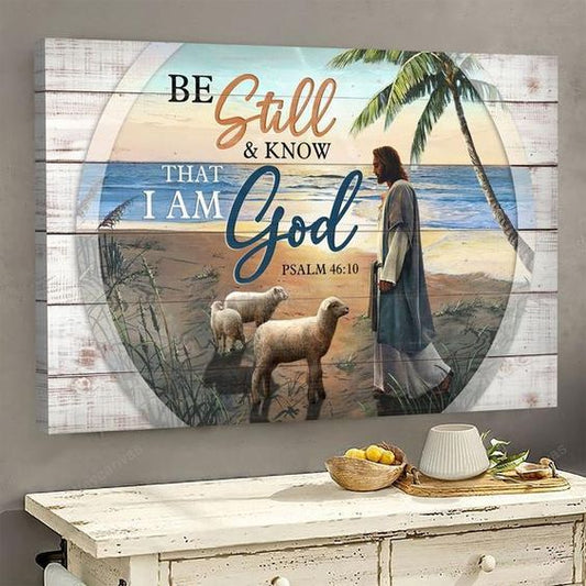 Jesus And Lambs On The Peaceful Beach Canvas Wall Art - Jesus Canvas Pictures - Christian Wall Posters
