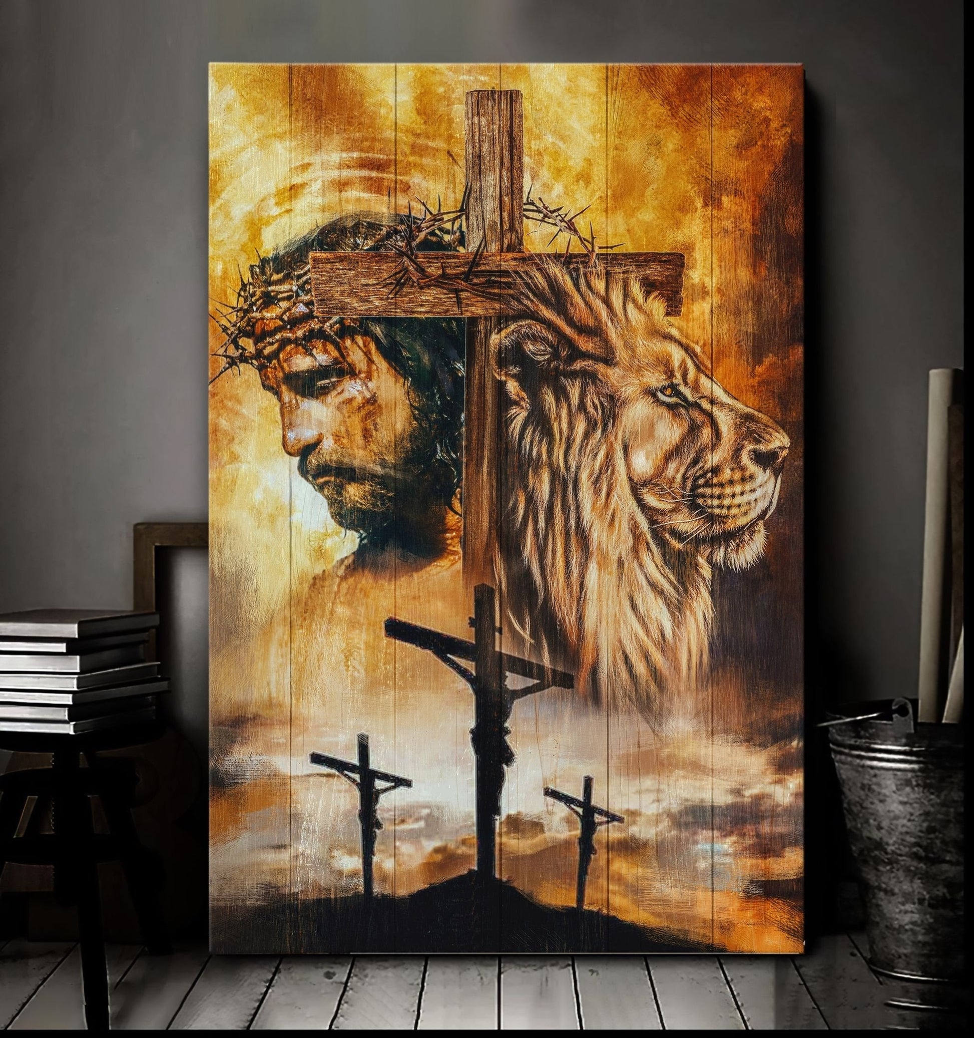 Jesus And Lion Cross Design Canvas Posters - Christian Wall Posters - Religious Wall Decor