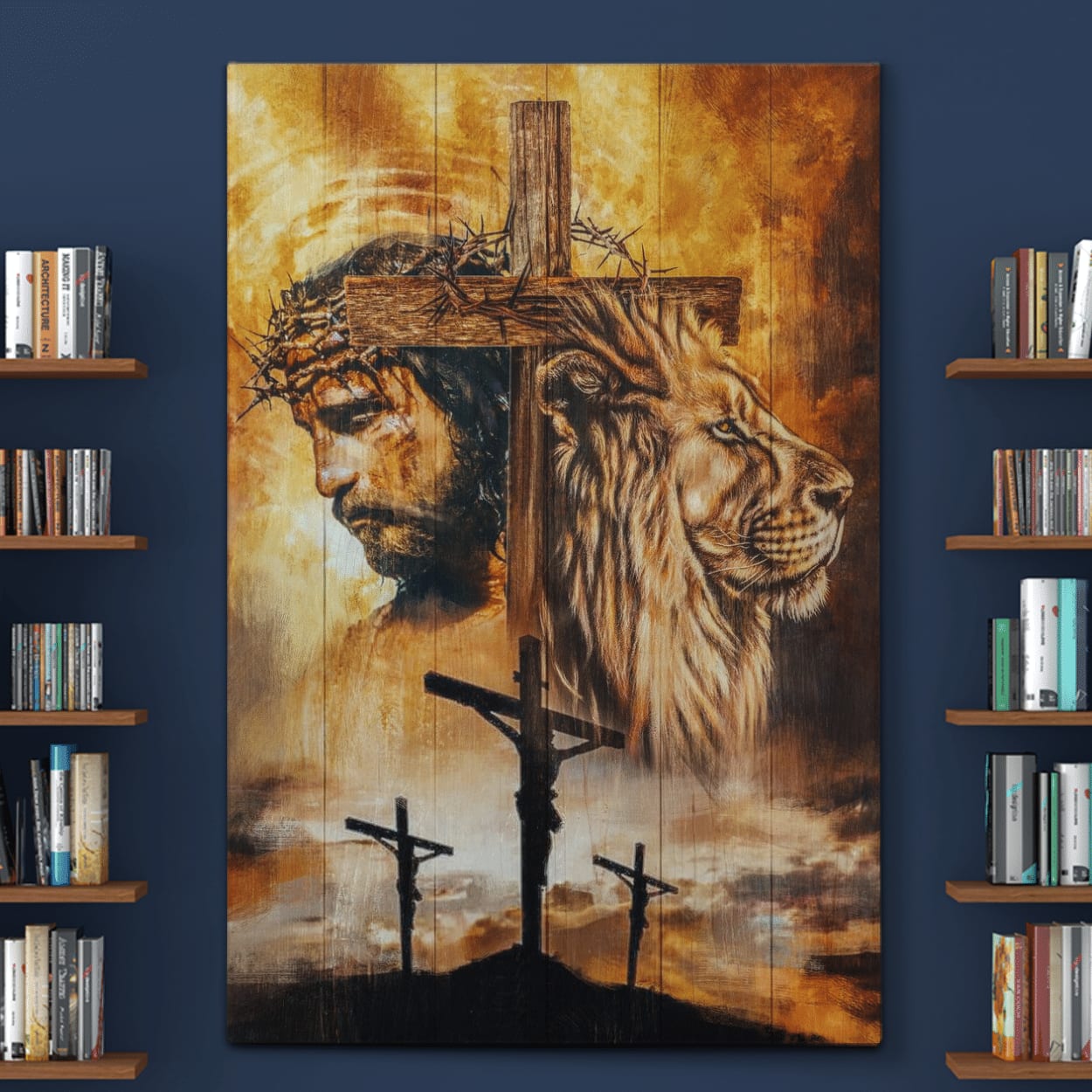 Jesus And Lion Cross Design Canvas Posters - Christian Wall Posters - Religious Wall Decor