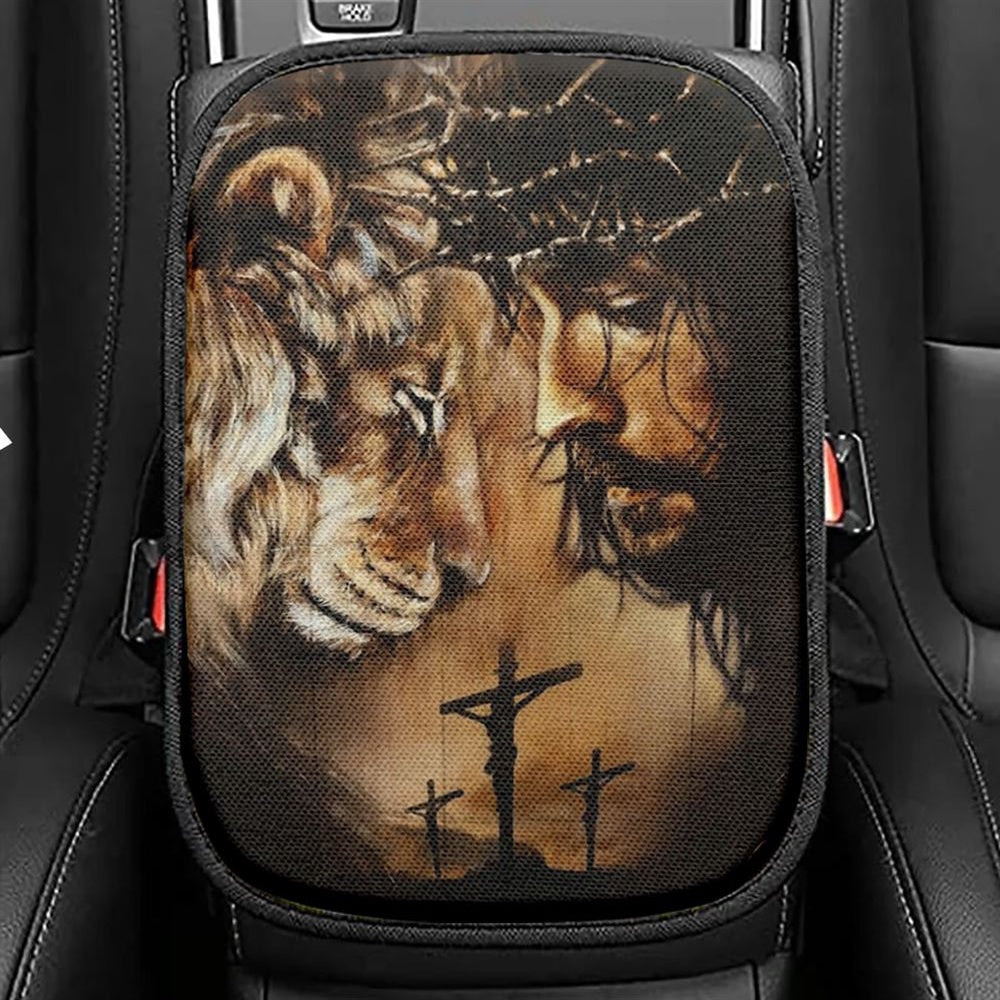 Jesus And Lion Face To Face Car Center Console Cover, Christian Armrest Seat Cover, Bible Seat Box Cover