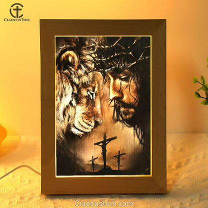 Jesus And Lion Face To Face Frame Lamp