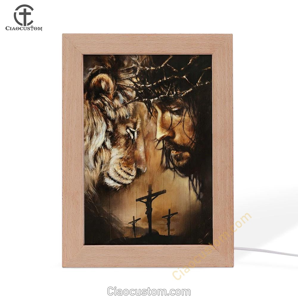 Jesus And Lion Face To Face Frame Lamp