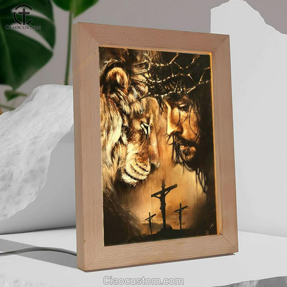 Jesus And Lion Face To Face Frame Lamp