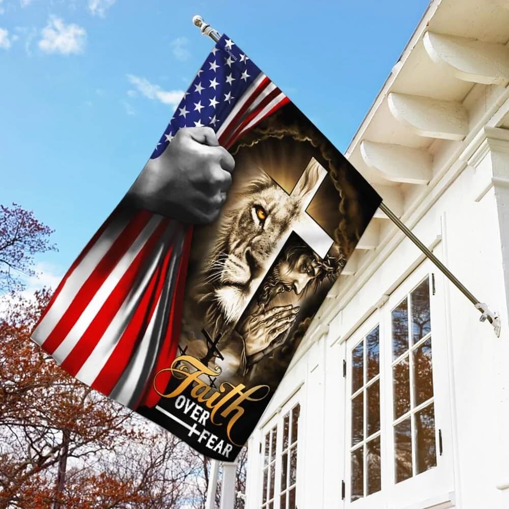 Jesus And Lion Faith Over Fear House Flags - Christian Garden Flags - Outdoor Christian Flag