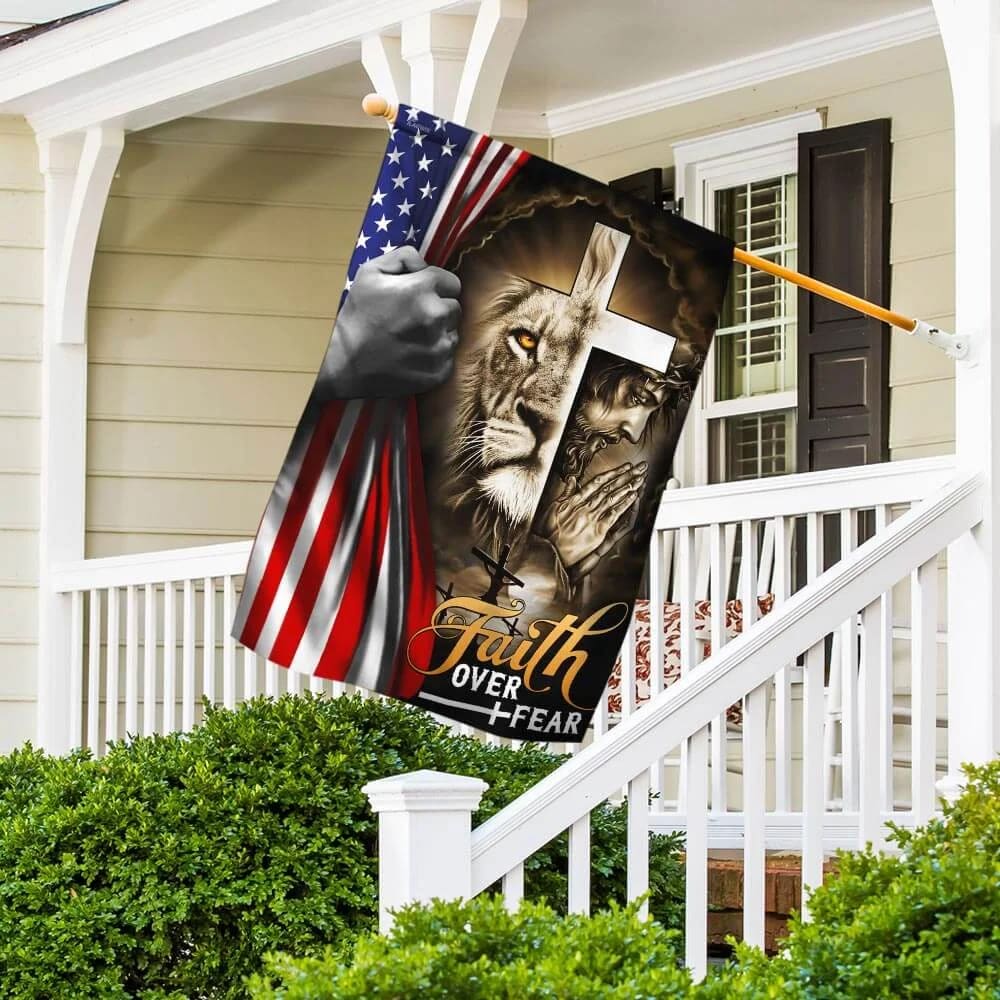 Jesus And Lion Faith Over Fear House Flags - Christian Garden Flags - Outdoor Christian Flag