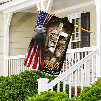 Jesus And Lion Faith Over Fear House Flags - Christian Garden Flags - Outdoor Christian Flag