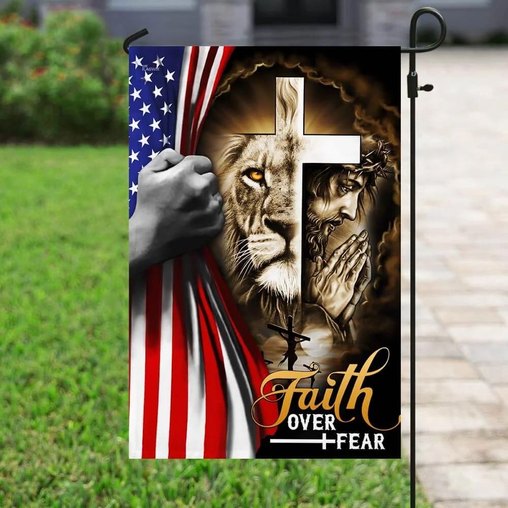 Jesus And Lion Faith Over Fear House Flags - Christian Garden Flags - Outdoor Christian Flag