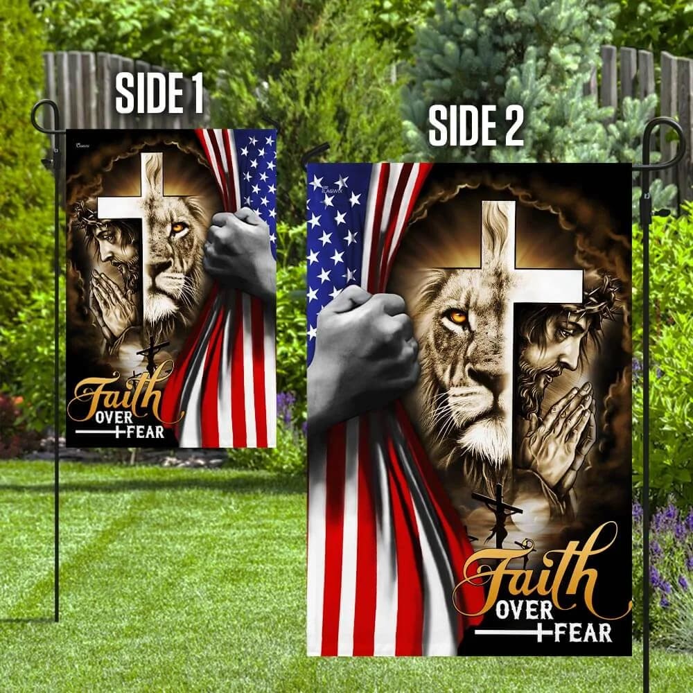 Jesus And Lion Faith Over Fear House Flags - Christian Garden Flags - Outdoor Christian Flag