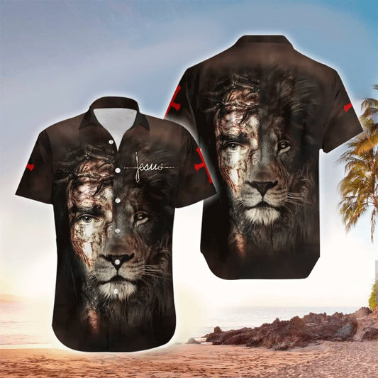 Jesus And Lion Gray Hawaiian Shirt - Christian Hawaiian Shirts For Men & Women
