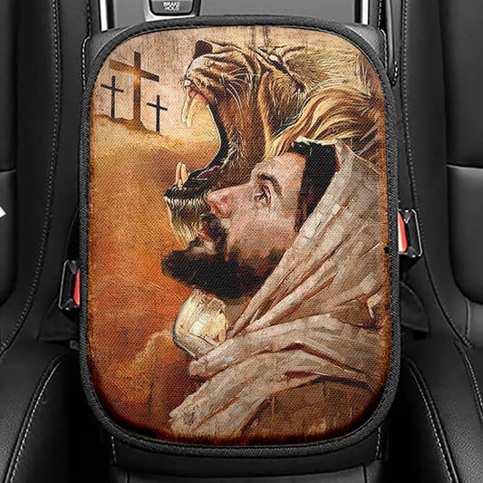 Jesus And Lion Of Judah Seat Box Cover, Jesus Christ Car Center Console Cover, Christian Car Interior Accessories