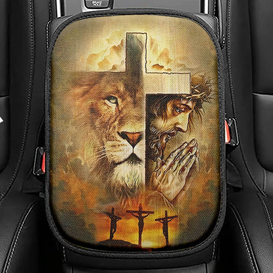 Jesus And Lion Of Judah Seat Box Cover, Jesus Portrait Car Center Console Cover, Christian Car Interior Accessories