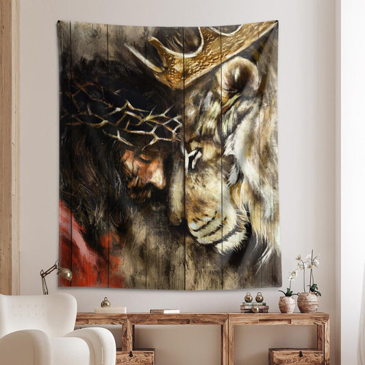 Jesus And Lion Painting Tapestry Lion Tapestry Jesus Tapestry Christian Tapestry