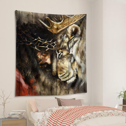 Jesus And Lion Painting Tapestry Lion Tapestry Jesus Tapestry Christian Tapestry