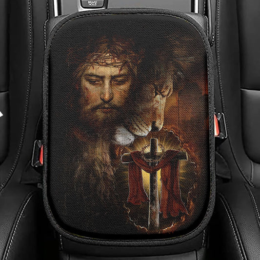 Jesus And Lion Seat Box Cover, Jesus Car Center Console Cover, Christian Car Interior Accessories