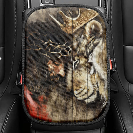 Jesus And Lion Seat Box Cover, Jesus Christ Car Center Console Cover, Christian Car Interior Accessories