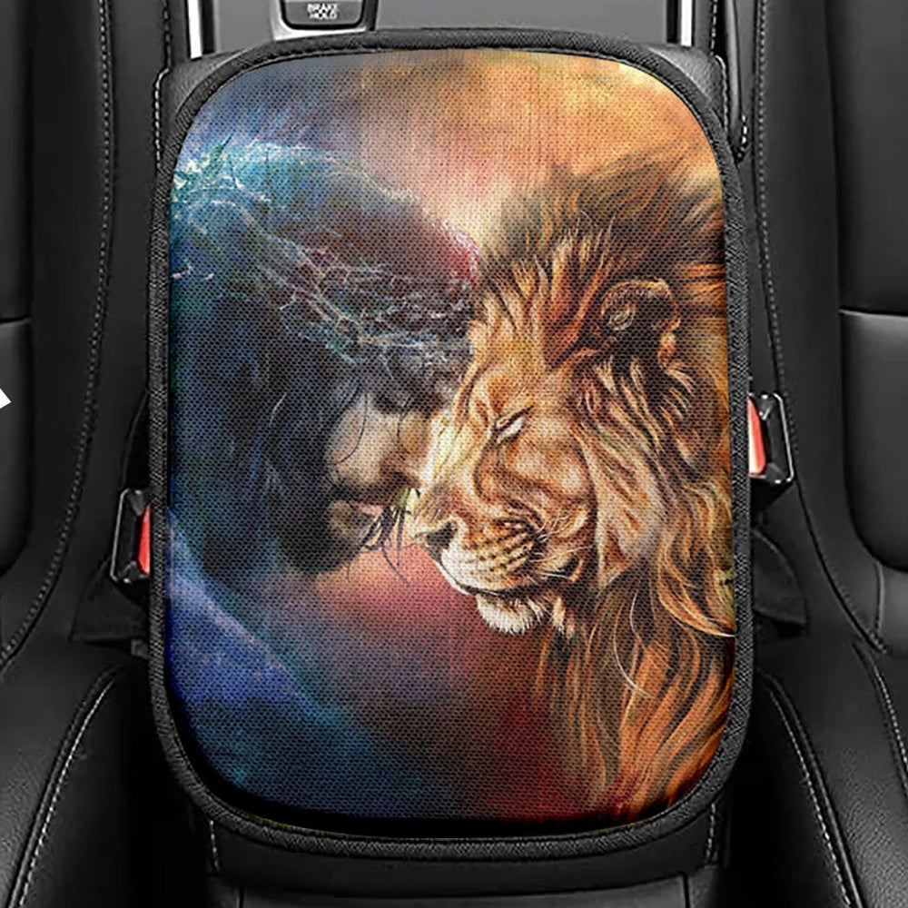 Jesus And Lion Seat Box Cover, Lion Car Center Console Cover, Christian Inspirational Car Interior Accessories