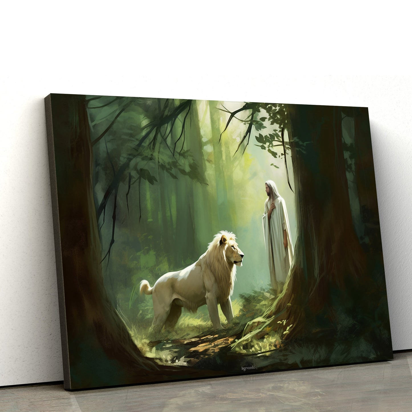 Jesus And Lion Standing In The Woods - Canvas Picture - Jesus Christ Canvas - Christian Wall Art