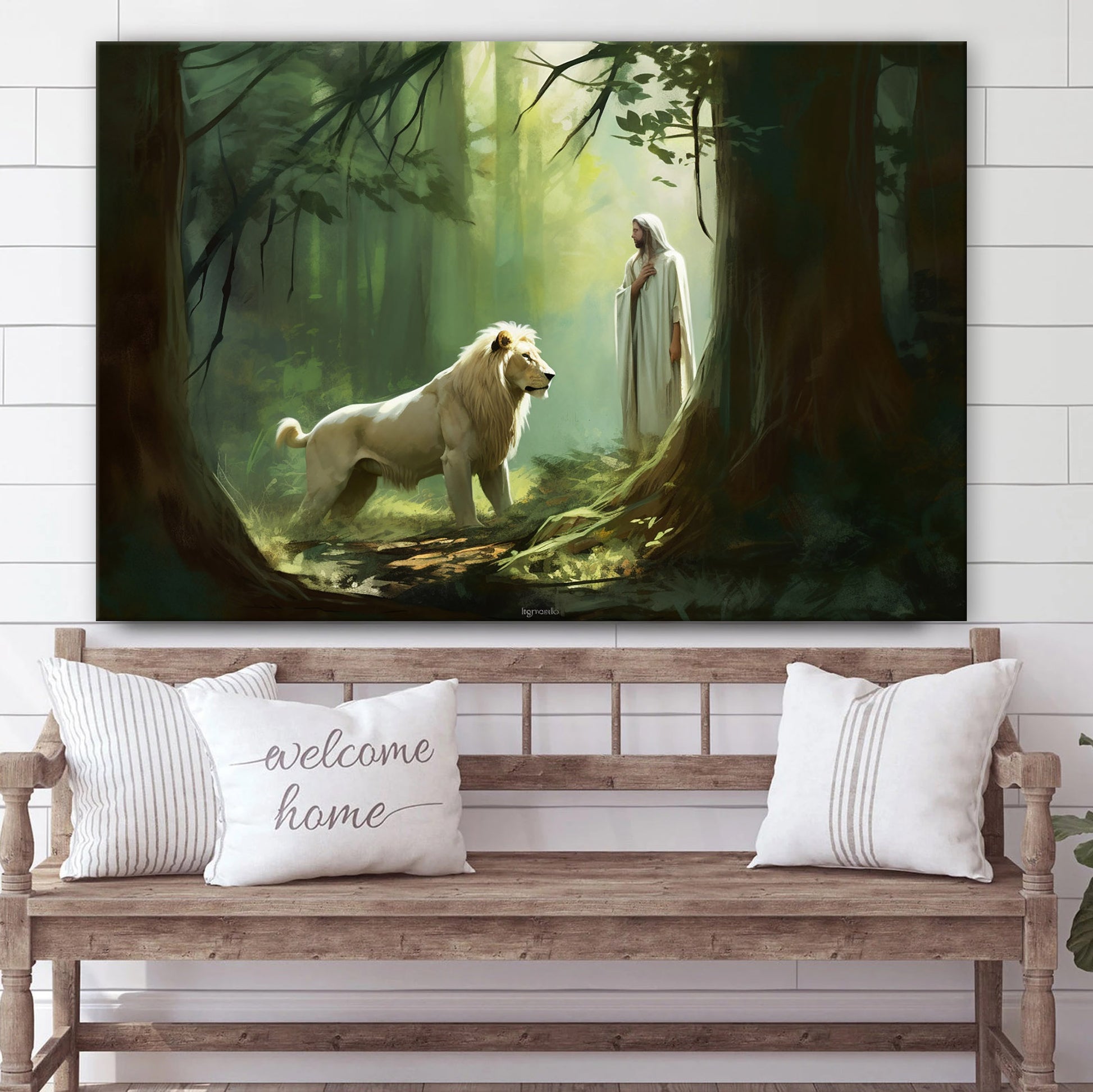 Jesus And Lion Standing In The Woods - Canvas Picture - Jesus Christ Canvas - Christian Wall Art