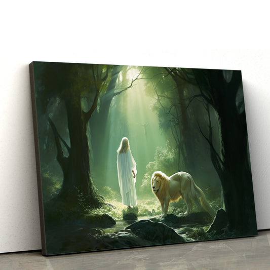 Jesus And Lion Standing In The Woods 1 - Canvas Picture - Jesus Christ Canvas - Christian Wall Art