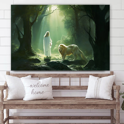 Jesus And Lion Standing In The Woods 1 - Canvas Picture - Jesus Christ Canvas - Christian Wall Art