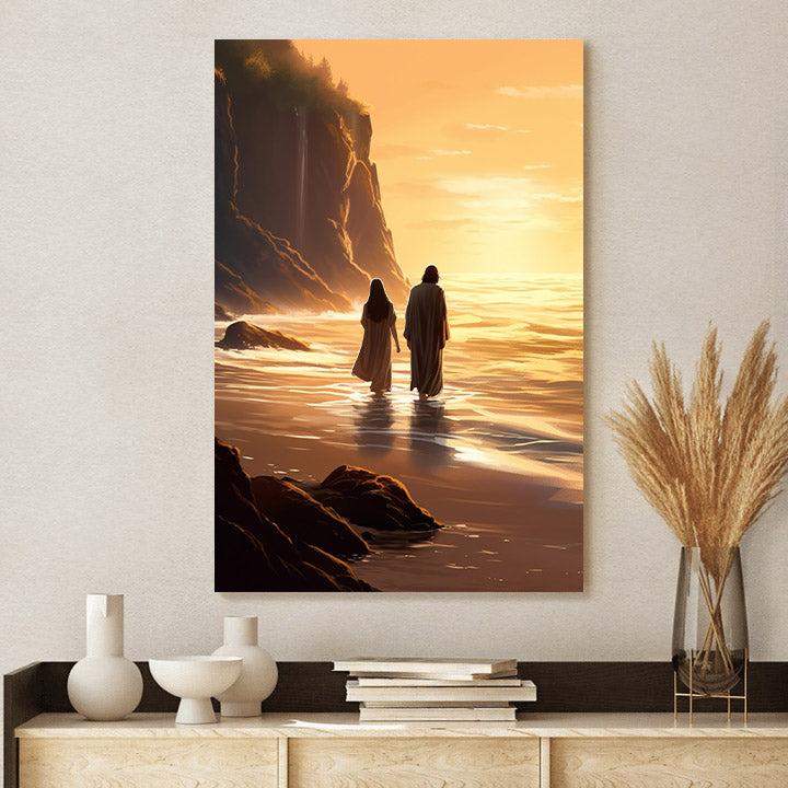 Jesus And Mary Walking On The Beach With Waterfalls - Canvas Pictures - Jesus Christ Canvas - Christian Wall Art
