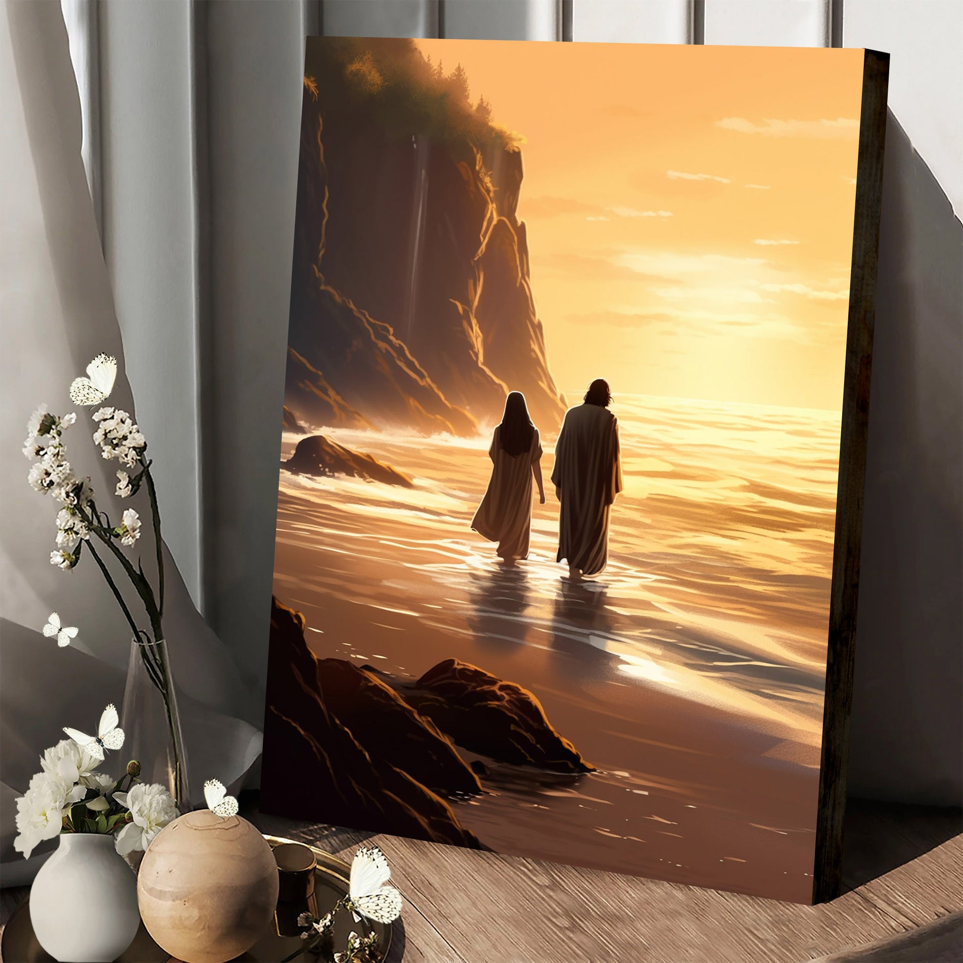 Jesus And Mary Walking On The Beach With Waterfalls - Canvas Pictures - Jesus Christ Canvas - Christian Wall Art