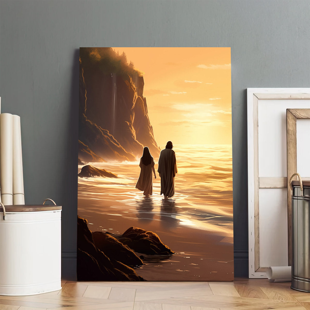 Jesus And Mary Walking On The Beach With Waterfalls - Canvas Pictures - Jesus Christ Canvas - Christian Wall Art