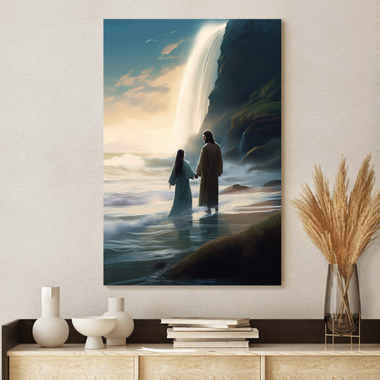 Jesus And Mary Walking On The Beach With Waterfalls 1 - Canvas Pictures - Jesus Christ Canvas - Christian Wall Art
