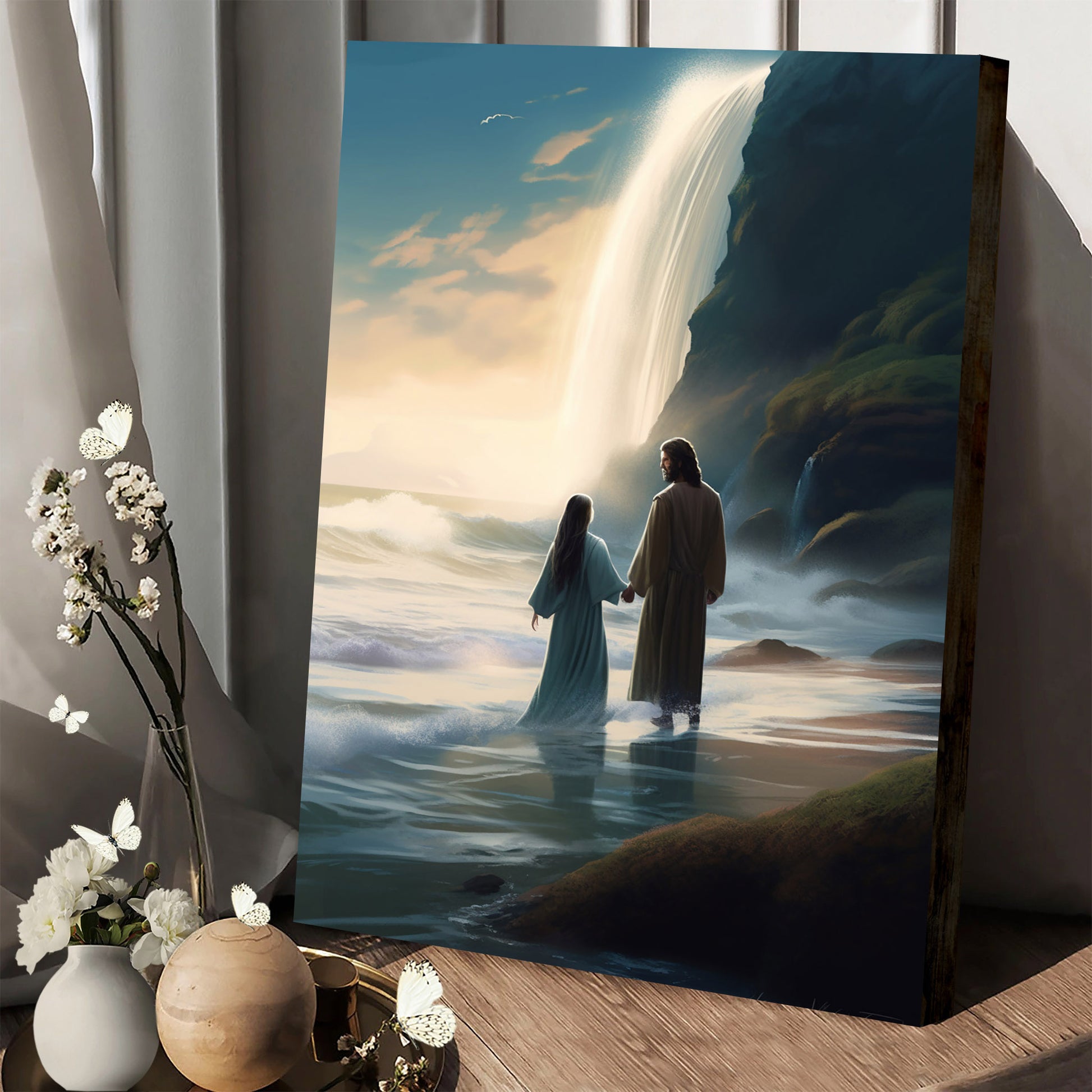 Jesus And Mary Walking On The Beach With Waterfalls 1 - Canvas Pictures - Jesus Christ Canvas - Christian Wall Art