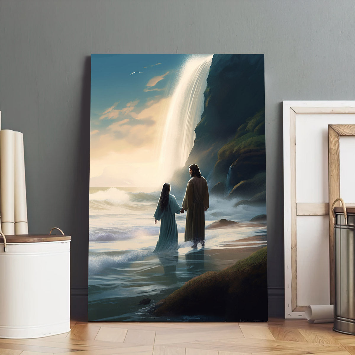 Jesus And Mary Walking On The Beach With Waterfalls 1 - Canvas Pictures - Jesus Christ Canvas - Christian Wall Art