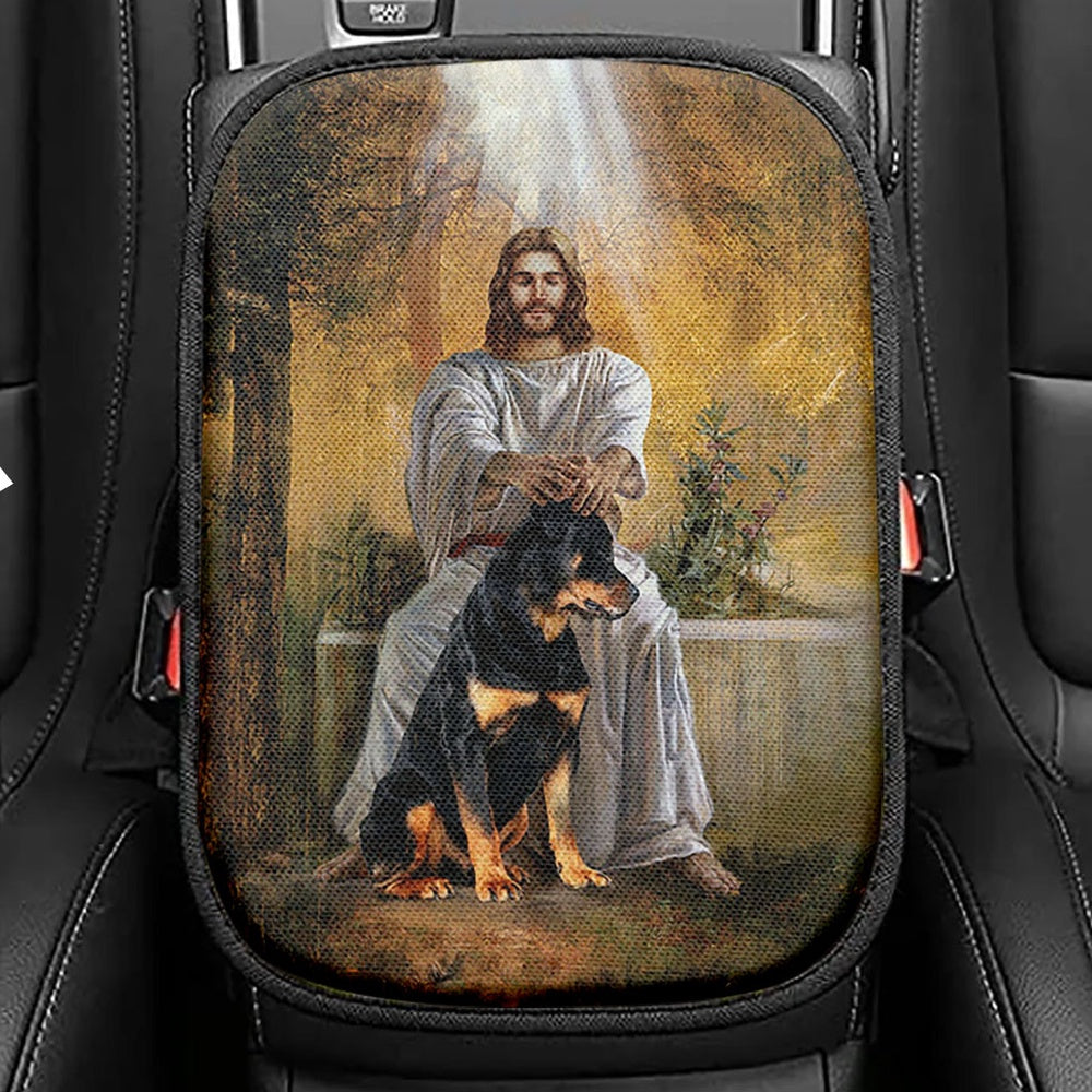 Jesus And Rottweiler Dog Seat Box Cover, Jesus Portrait Car Center Console Cover, Christian Car Interior Accessories