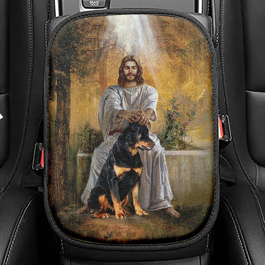 Jesus And Rottweiler Dog Seat Box Cover, Jesus Portrait Car Center Console Cover, Christian Car Interior Accessories