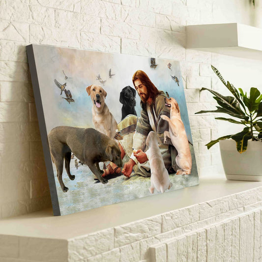 Jesus And The Labradors Canvas Wall Art - God Surrounded By Dogs Canvas - Christmas Pictures Wall Decor