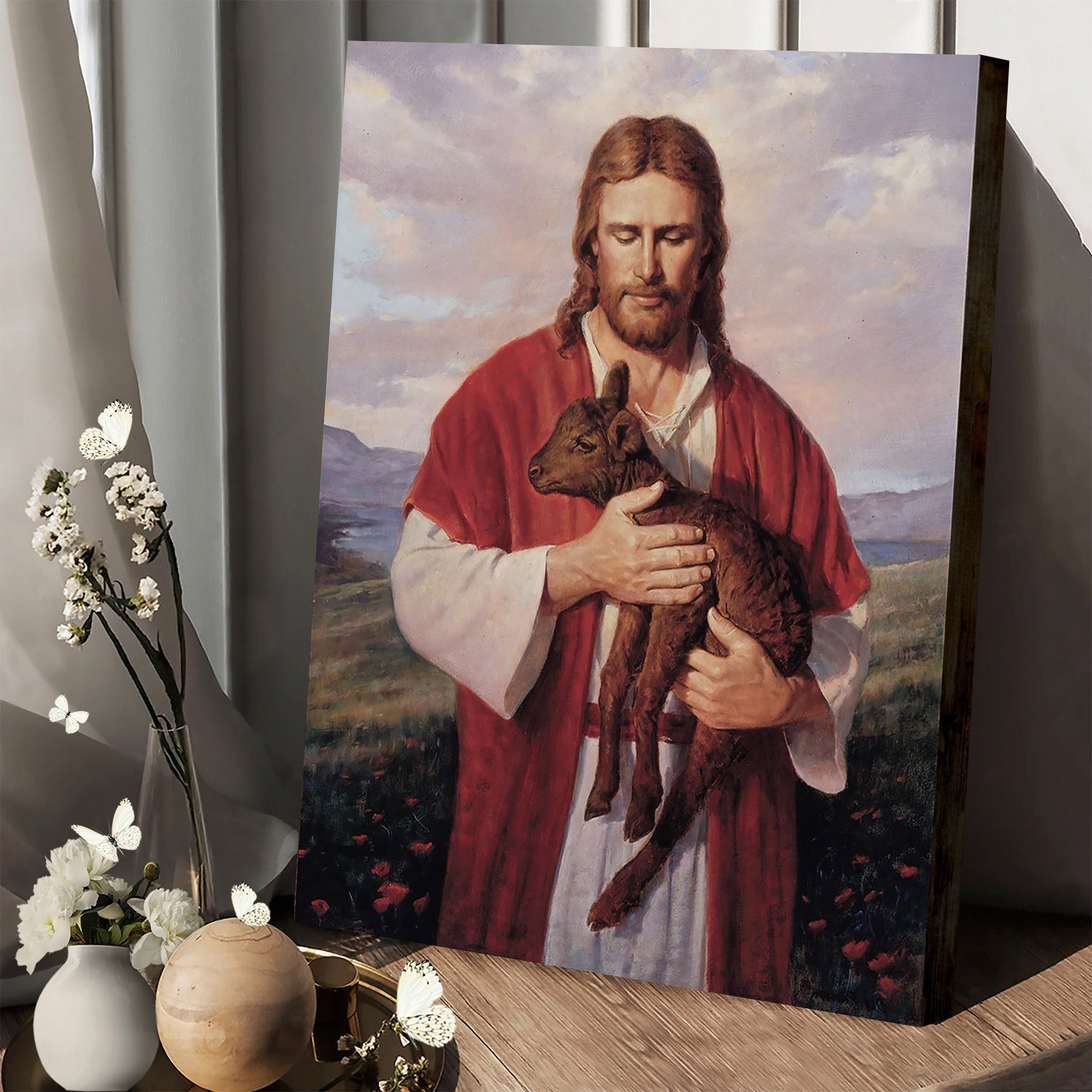 Jesus And The Lamb Picture - Black Lamb Portrait Canvas Wall Art - Christian Wall Decor
