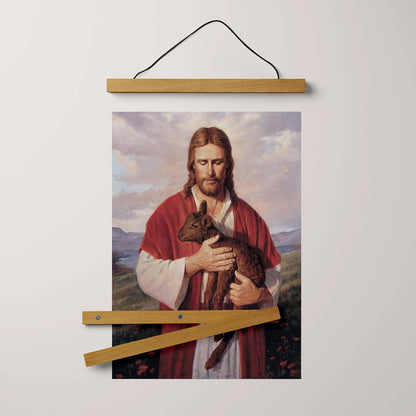 Jesus And The Lamb Picture - Black Lamb Portrait Hanging Canvas Wall Art - Christian Wall Decor - Religious Canvas