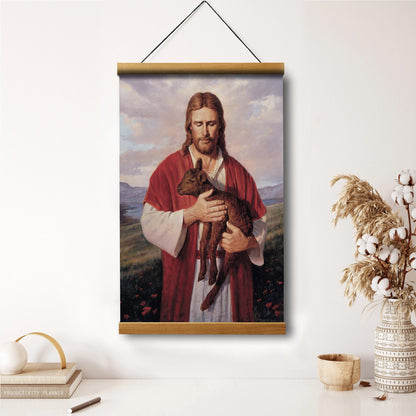 Jesus And The Lamb Picture - Black Lamb Portrait Hanging Canvas Wall Art - Christian Wall Decor - Religious Canvas