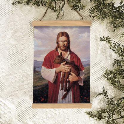 Jesus And The Lamb Picture - Black Lamb Portrait Hanging Canvas Wall Art - Christian Wall Decor - Religious Canvas