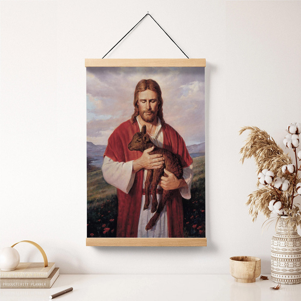 Jesus And The Lamb Picture - Black Lamb Portrait Hanging Canvas Wall Art - Christian Wall Decor - Religious Canvas