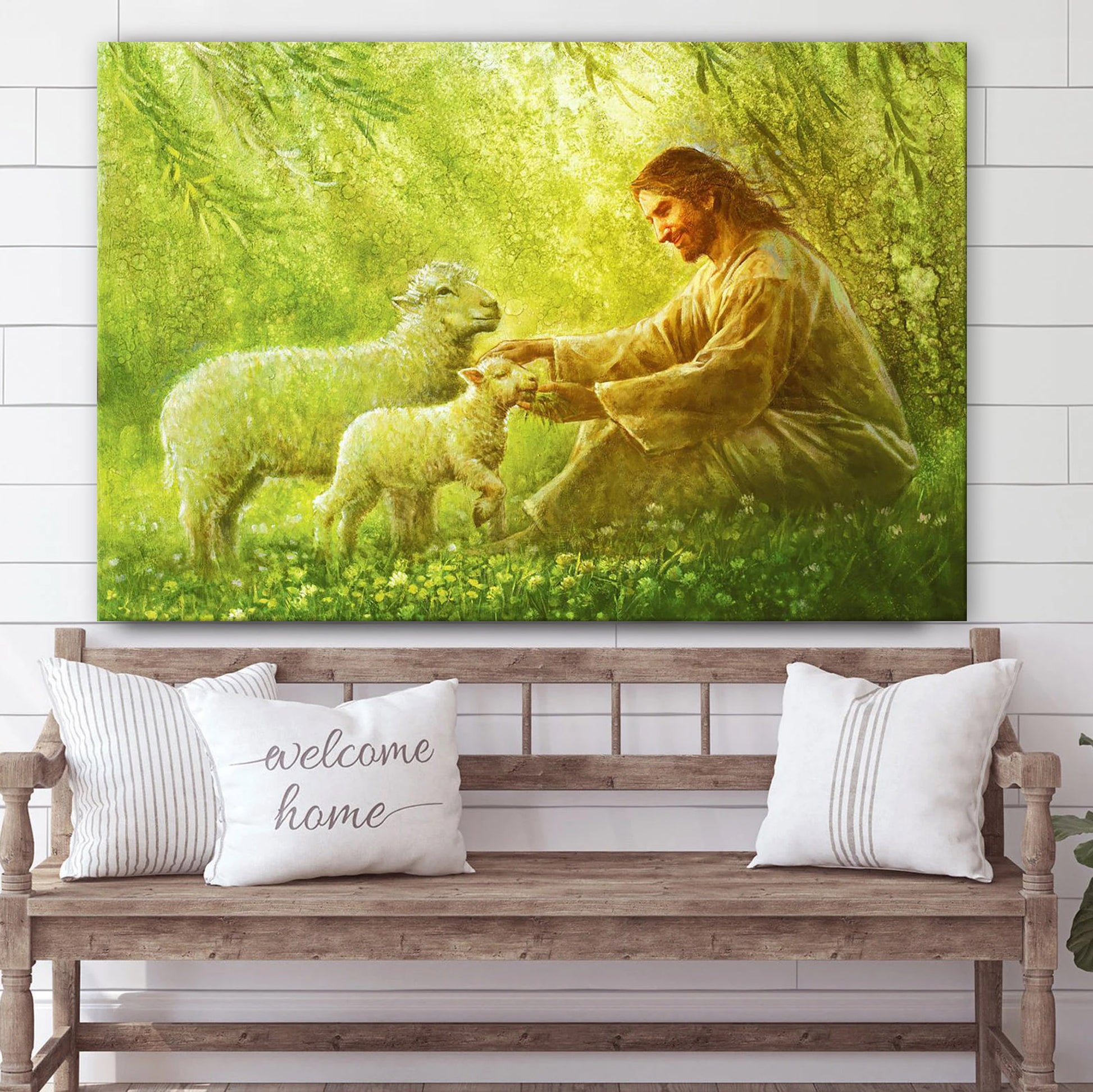 Jesus And The Lamb Picture - Green Pastures Canvas Wall Art - Christian Wall Decor