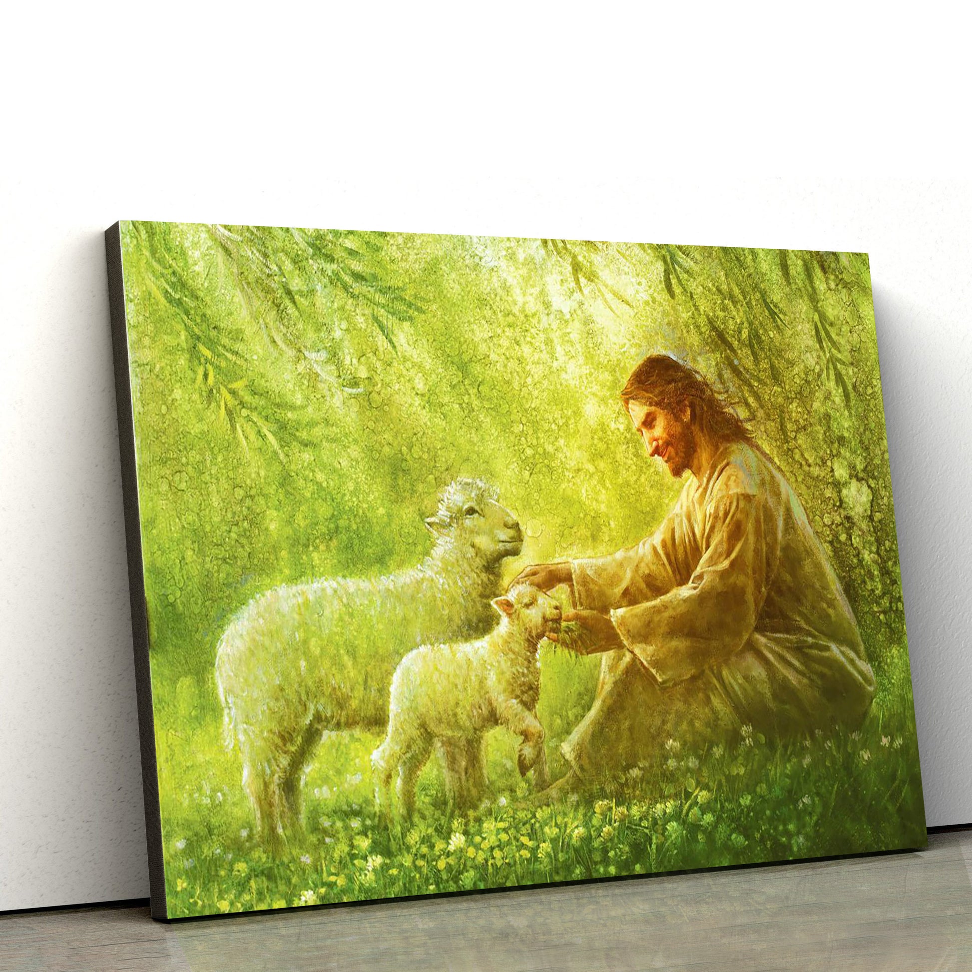 Jesus And The Lamb Picture - Green Pastures Canvas Wall Art - Christian Wall Decor