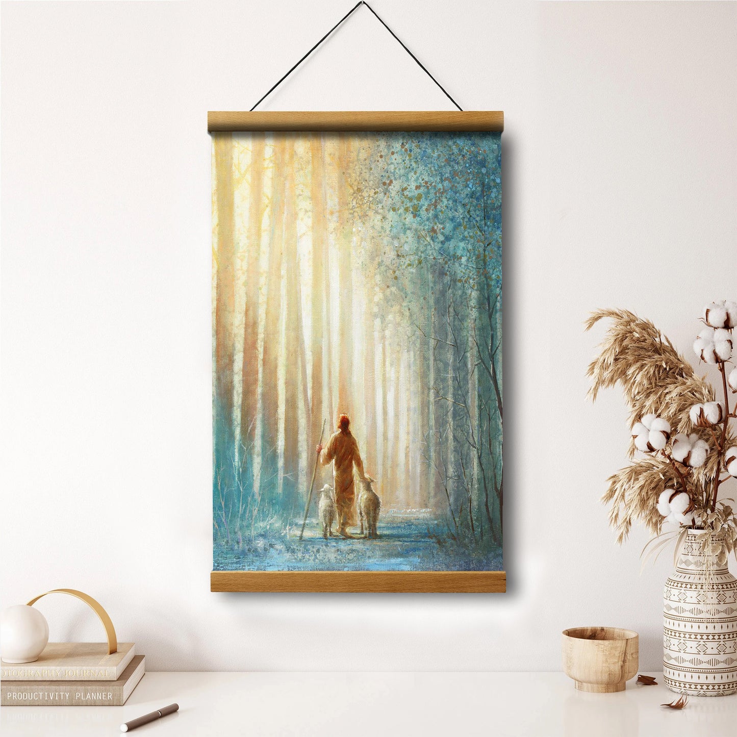 Jesus And The Lamb Picture - He Leadeth Me Portrait Hanging Canvas Wall Art - Christian Wall Decor - Religious Canvas