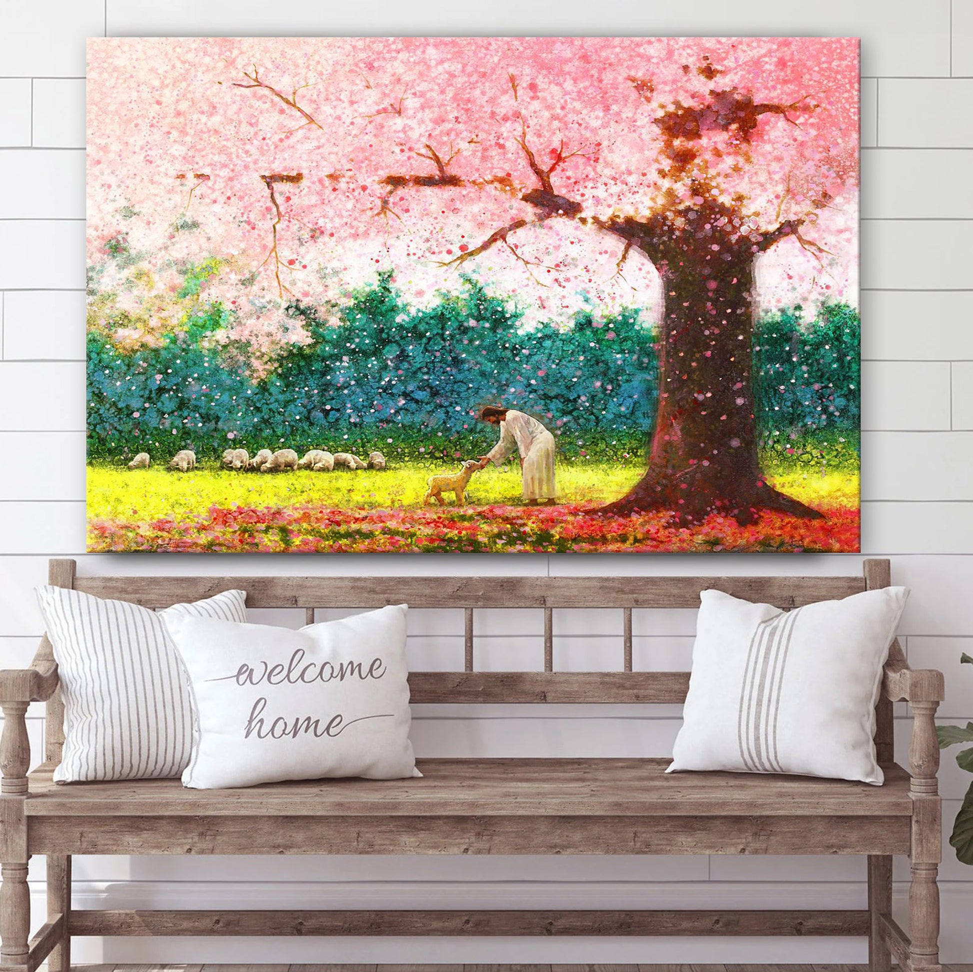 Jesus And The Lamb Picture - In Green Pastures Canvas Wall Art - Christian Wall Decor