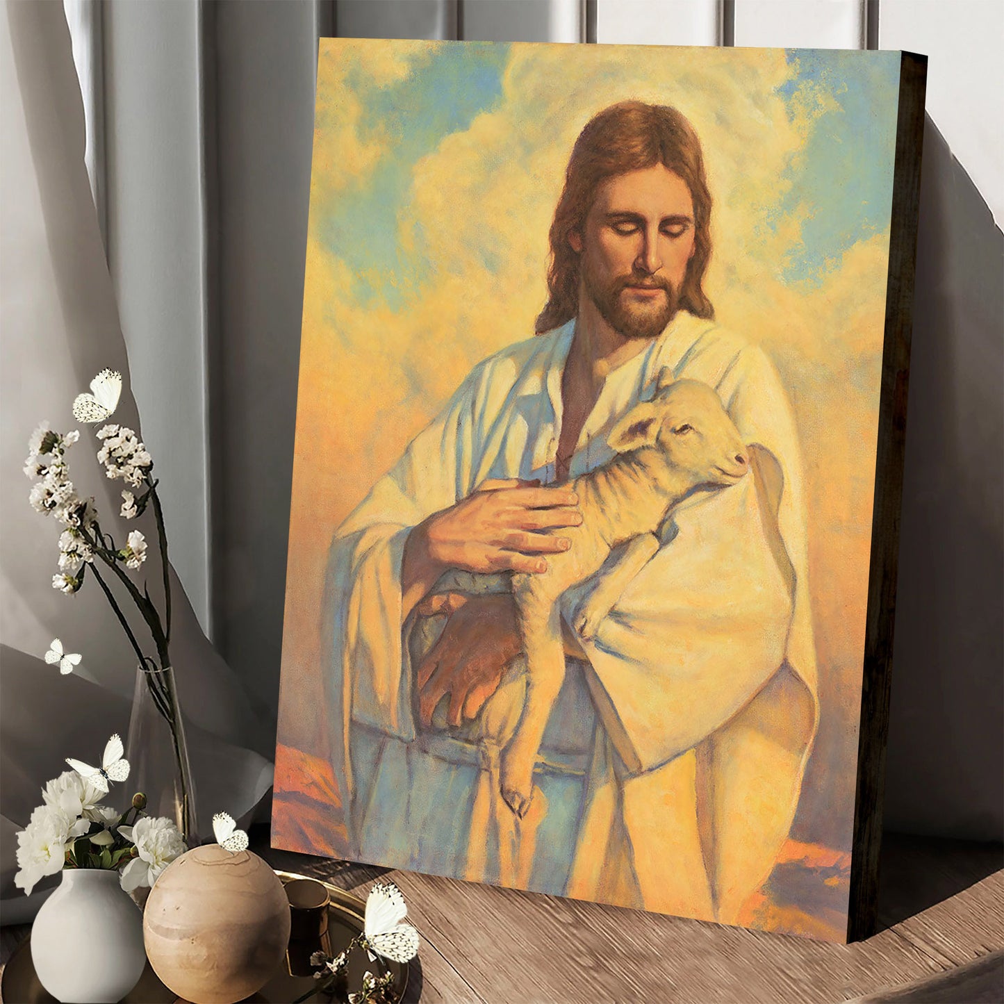 Jesus And The Lamb Picture - In His Arms Portrait Canvas Wall Art - Christian Wall Decor