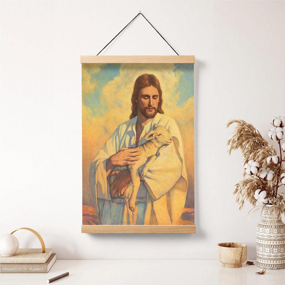 Jesus And The Lamb Picture - In His Arms Portrait Hanging Canvas Wall Art - Christian Wall Decor - Religious Canvas