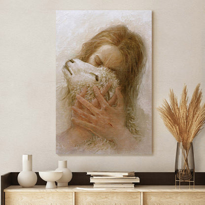 Jesus And The Lamb Picture - Jesus And The Lamb Picture - The Shepherd's Embrace Portrait Canvas Wall Art - Christian Wall Decor