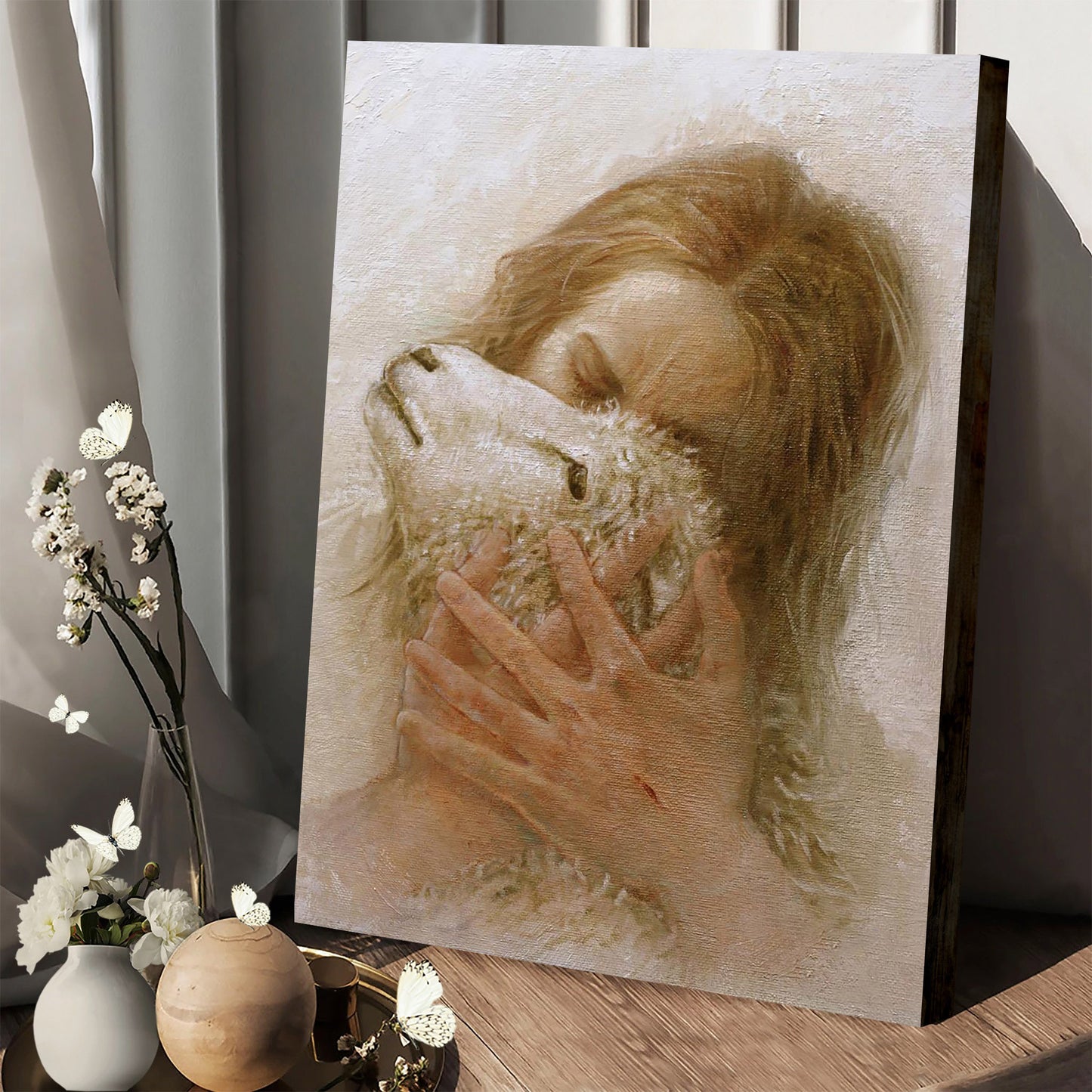 Jesus And The Lamb Picture - Jesus And The Lamb Picture - The Shepherd's Embrace Portrait Canvas Wall Art - Christian Wall Decor