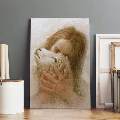 Jesus And The Lamb Picture - Jesus And The Lamb Picture - The Shepherd's Embrace Portrait Canvas Wall Art - Christian Wall Decor