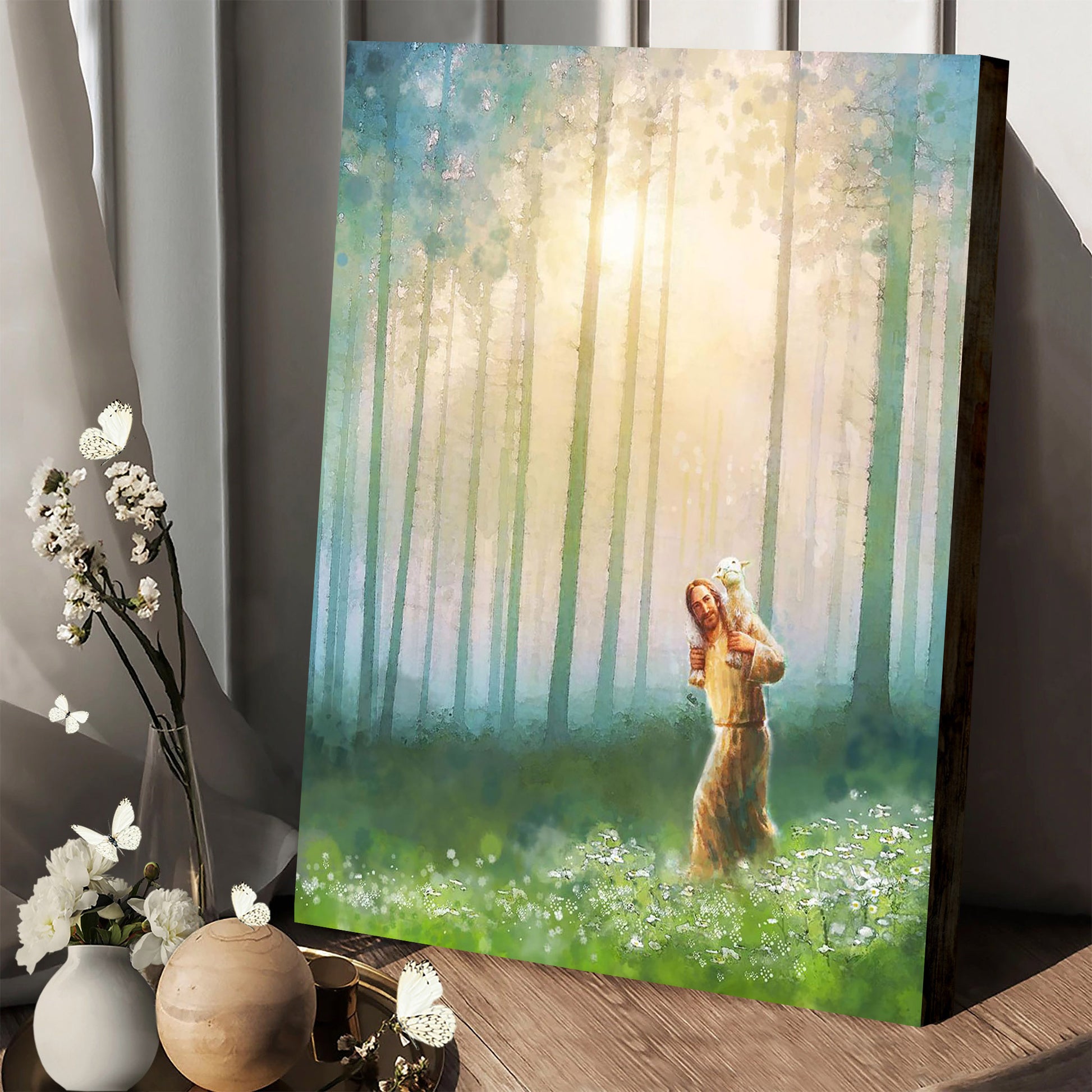 Jesus And The Lamb Picture - Jesus And The Lamb Picture - Upon His Shoulders Portrait Canvas Wall Art - Christian Wall Decor