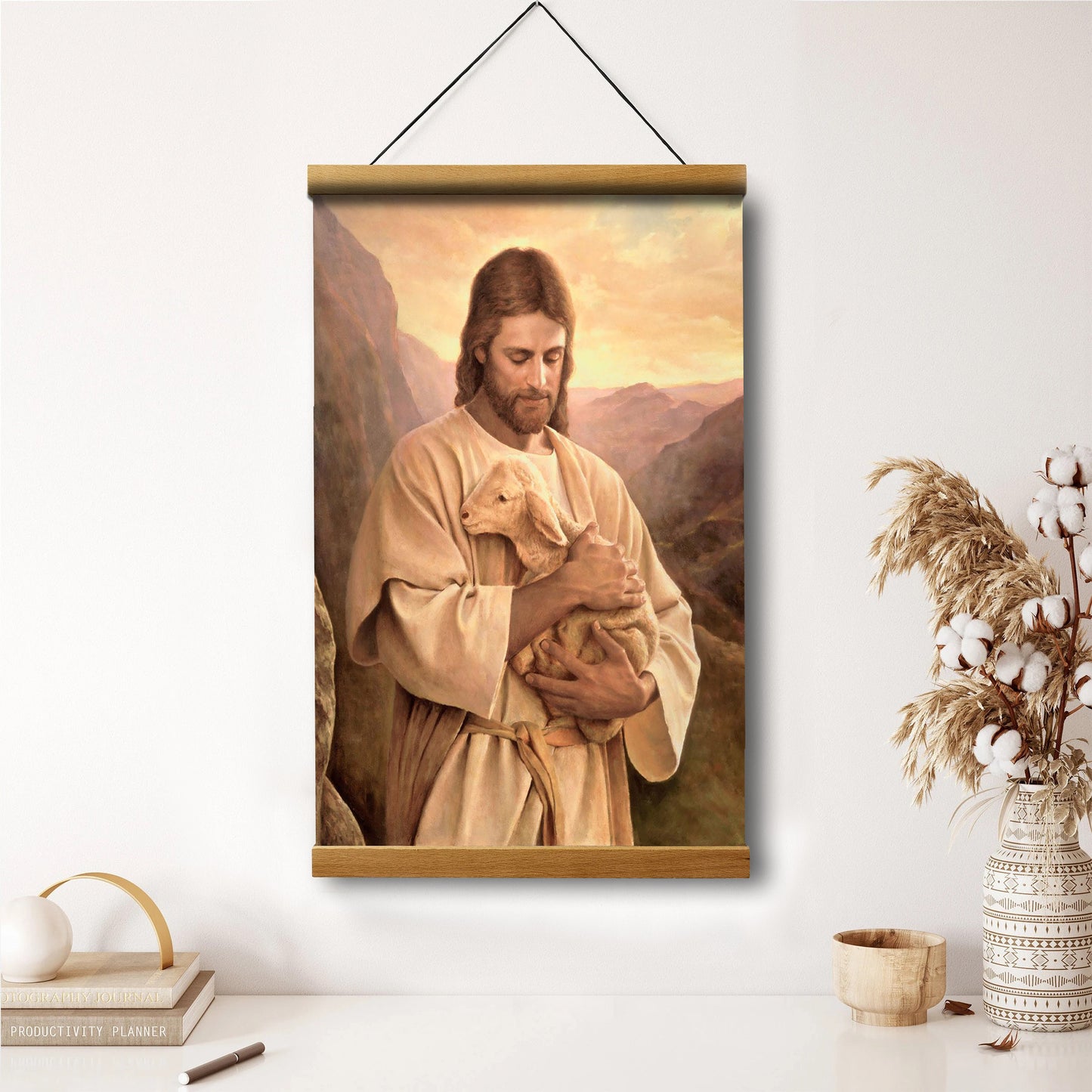 Jesus And The Lamb Picture - Lost Lamb Portrait Hanging Canvas Wall Art - Christian Wall Decor - Religious Canvas